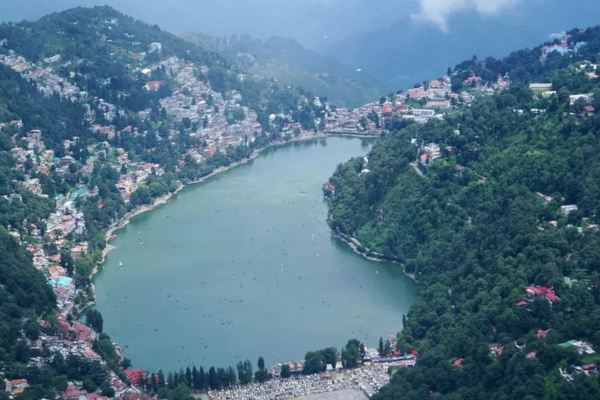 Aerial view of Nainital town and Naini Lake.