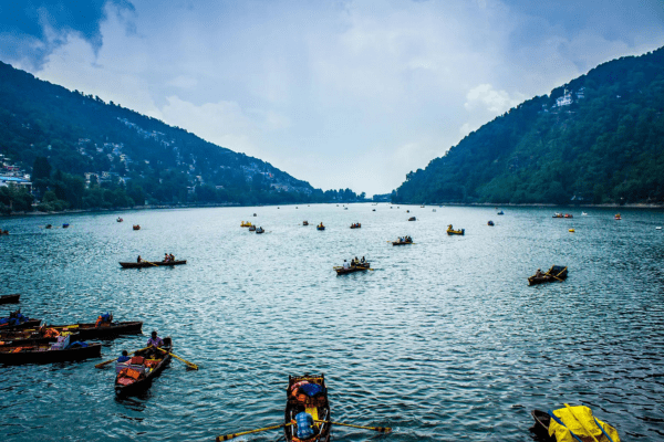 Crowds boating on Nainital Lake in May.