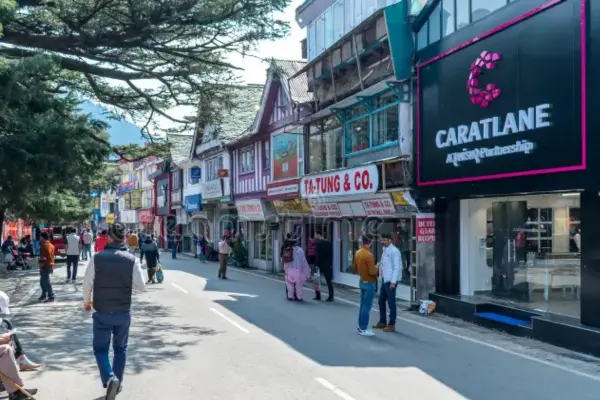 Mall Road showing bustling shops and tourists.