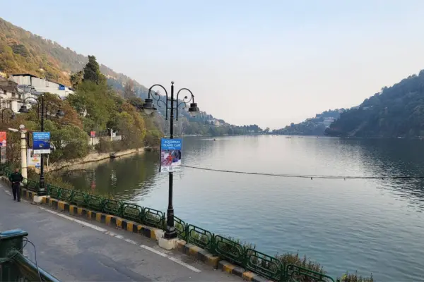 Panoramic shot of Mall Road and Naini Lake together.